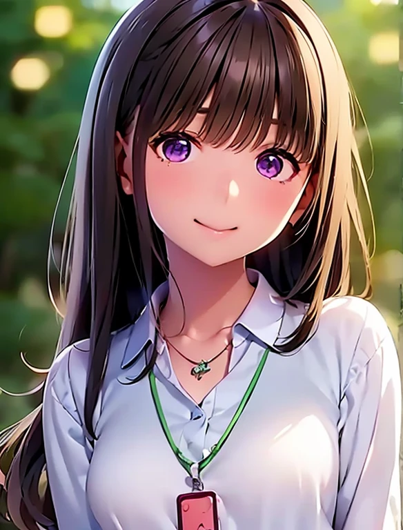   high definition  ,In 8K, best quality , Details,Semi-realistic anime, D-anime style, Smooth Anime CG , one girl who is at ease, 19-year-old Japanese woman, very cute ,((beauty)), slim,modeling,((Sparkling Eyes)),((long hair that extends to the chest)),(( wavy maroon hair with bangs)),(((Light collared shirt ))), pink lips, Shiny brown hair, Detailsな顔,Beautiful and  Details,,((深い青紫色のSparkling Eyes)),(Shut your mouth.),(Laughter),((pendant)),(Open-chested),(( beautiful jade bokeh background ))