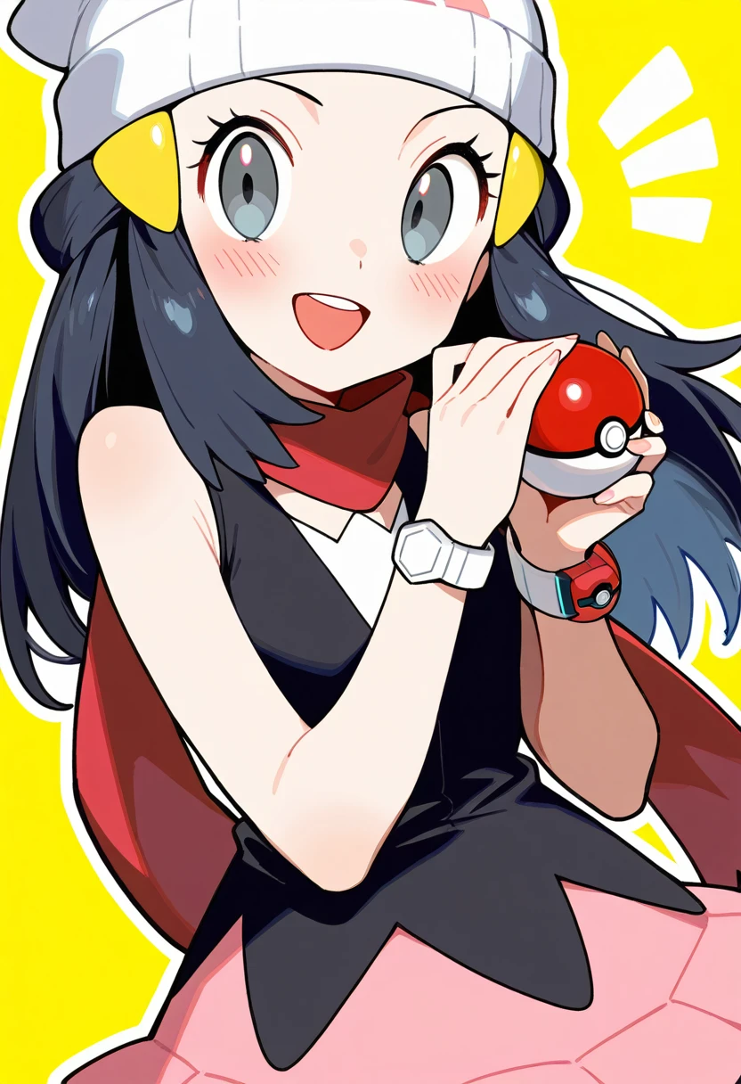 1girl, long hair, black hair, grey eyes, eyelashes, blush, hat, scarf, beanie, sleeveless, bracelet, hair ornament, skirt, shirt, sleeveless shirt, hairclip, notice lines, white hat, looking at viewer, poke ball, solo, holding, pokemon, yellow background, outline, dawn (pokemon), red scarf, holding poke ball, poke ball (basic), white headwear, jewelry, black shirt, pink skirt, hands up, poke ball print, teeth, upper teeth only, sfw, masterpiece, best quality, very aesthetic, absurdres