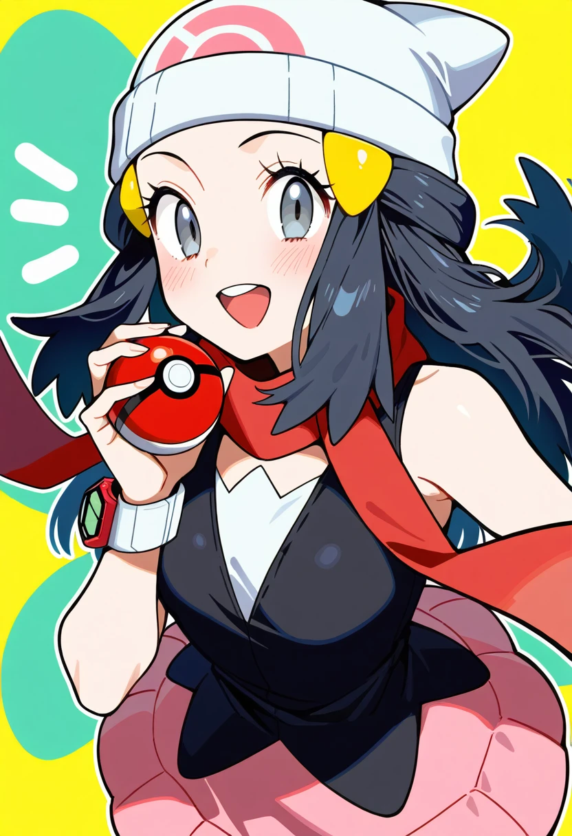 1girl, long hair, black hair, grey eyes, eyelashes, blush, hat, scarf, beanie, sleeveless, bracelet, hair ornament, skirt, shirt, sleeveless shirt, hairclip, notice lines, white hat, looking at viewer, poke ball, solo, holding, pokemon, yellow background, outline, dawn (pokemon), red scarf, holding poke ball, poke ball (basic), white headwear, jewelry, black shirt, pink skirt, hands up, poke ball print, teeth, upper teeth only, sfw, masterpiece, best quality, very aesthetic, absurdres