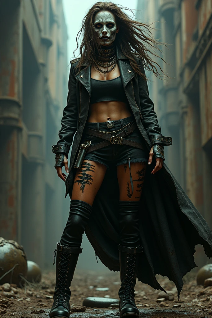 ((NSFW, Uma mulher negra cabelo dreadlock, with a cowboy hat and trench coat)), in a post-apocalyptic setting, cyberpunk, oeste selvagem, post - apocalyptic cowboy, postapocalyptic explorer, post-apocalyptic western style, nsfw cyberpunk, Post apocalyptic, cinematic full body shot, post apocalyptic attire, steampunk ocidental