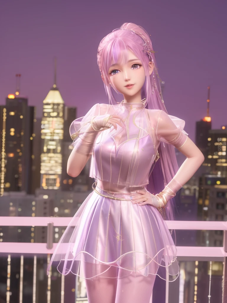 SYNNxingmengyingli, solo, 1girl, long hair, purple eyes, jewelry, pantyhose, bracelet, ponytail, pink hair, hair ornament,dress,see-through,gloves,looking at viewer, clothing cutout,cityscape, night, mature female, cowboy shot, hand on hip,sex