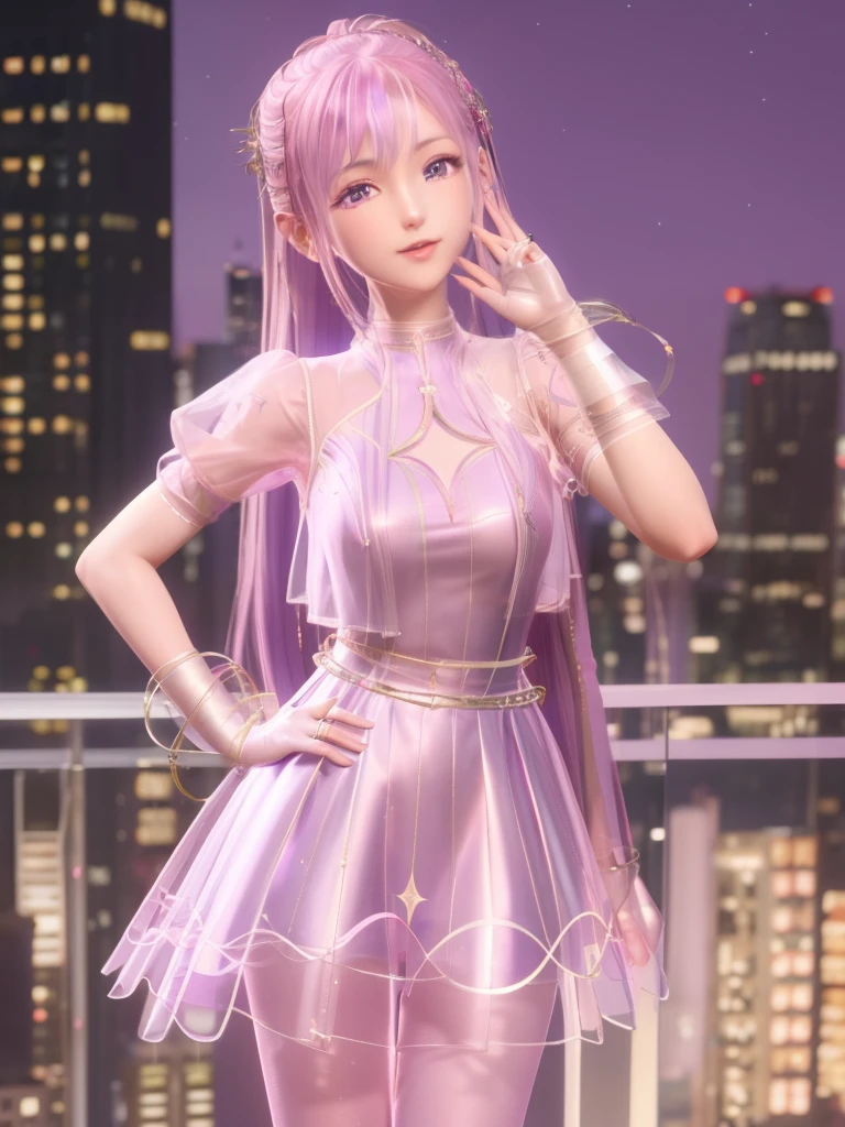 SYNNxingmengyingli, solo, 1girl, long hair, purple eyes, jewelry, pantyhose, bracelet, ponytail, pink hair, hair ornament,dress,see-through,gloves,looking at viewer, clothing cutout,cityscape, night, mature female, cowboy shot, hand on hip,sex