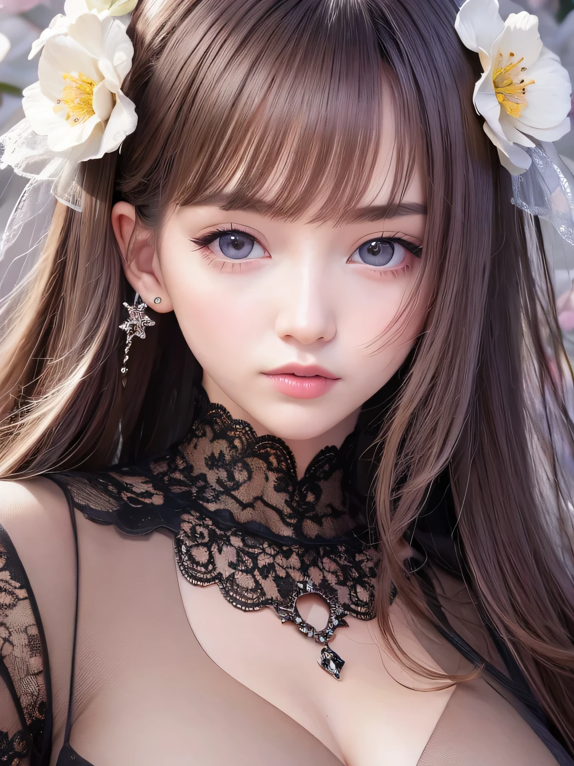 (masutepiece:1.3), High resolution, ultra-detailliert, the Extremely Detailed CG Unity 8K Wallpapers, Realistic, Photorealsitic, Raw photo, beautifull detailed face, Facial balance is the golden ratio、pale skin, realistic glistening skin, Detailed Cloth Texture, detailed hair texture, Perfect body, Beautiful face, acurate, Anatomically correct, Highly detailed face and skin texture, Natural neck length, (Fair skin:1.2), thin legs, Thin feet, (Aligned teeth:1.1), Sweaty skin, BREAK, Detailed eyes, symmetrical eye, Light brown eyes, Double eyelids, Thin eyebrows, (Sleepy eyes:1.1), (Glossy lips:1.4), (Mouth waiting for a kiss:1.2), (blush:1.2), (Small hair accessories that sparkle:1.1), BREAK, (classy girl:1.3), (Wearing (doress:1.2) With a white floral pattern), BREAK, ((Close Up Shot:1.2)), medium breasts, Slender figure, Firm abs, ((up do hairstyle, Dark blonde hair, Wavy Hair, Long hair:1.1)), ((asymmetric bangs:1.2)),