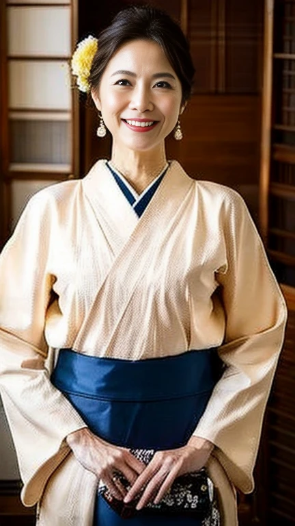 (from front), (look at viewer:1.8)、 shot from the front、(Front View:1.4)、(a masterpiece portrait of a woman with ultra detailed features, in 8K resolution, with crisp quality and vibrant colors)、Sexy mature woman wearing traditional Japanese kimono、One person、 Elegant Japanese Woman、60 years old、 The Wife of an Edo Period Merchant、Sexy Wife 、Chic Musode 、Japanese kimono、Walk this way 、