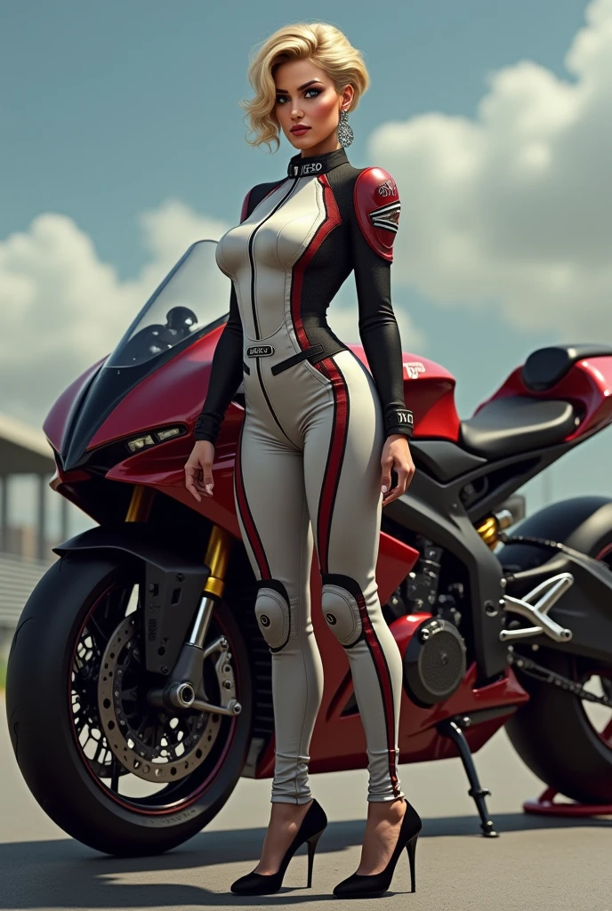 colourful drawing, very realistic of a woman of about 2, with Latin strokes, body similar to that of athlete Jutta Leerdam, short and stylish hair. She is standing next to a sports bike, wearing a tight black motorcycle jumpsuit, como o que Trinity usou em Matrix.