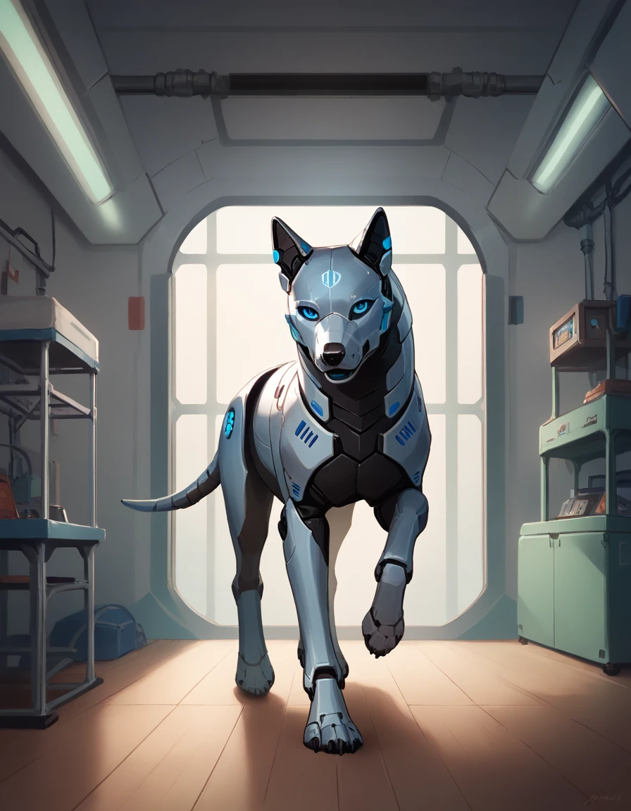 masterpiece, highest quality, 16k, high quality, 8k quality, ultra realistic, realistic, digital art, robot wolf, Ross Tran,ruan jia, uploaded to e621, zaush, foxovh, highres, digital painting, feral big machine dog, solo, robot, android, running, living machine, quadruped, full body, blue eyes, white panelling, mechanic inspection, workshop interior, sci fi, looking at viewer, blue and dark body, silver detailing, green lights, presenting,