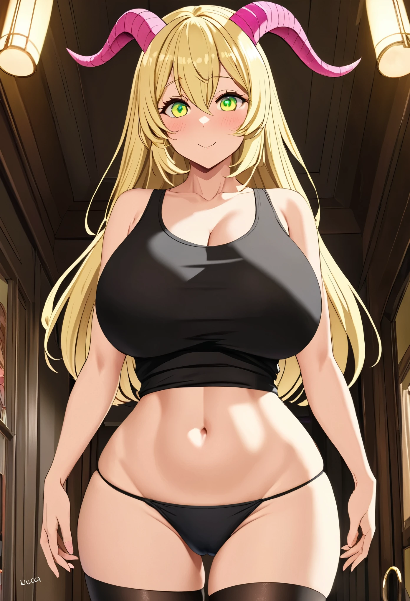 masterpiece, 1girl, mature female, best quality, (cleavage:0.2), (gigantic breasts:1.0), big eyes, (curvy:0.8), caustics, (sunbeam:0.8), blonde hair, gradient hair, heterochromia, yellow eye, green eye, black tank top, tight panties,  (pink:1.2) hat, black thighhighs, horns, lucoa, cameltoe 