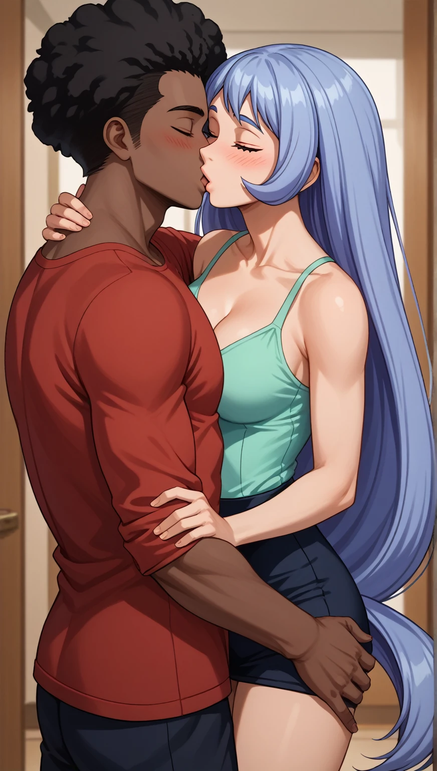 masterpiece,Ultra HD,score_4_onBREAK source_anime, cute anime illustration, One Girl, alone, nejire hadou, blue eyes, blue hair, long hair, Medium Chest, cleavage, indoor,Hotel,cowboy shot, blushing, incoming kiss, closed eyes, colarbone, 1boy, 1girl, kiss, couple, Straight male , Tall male, interracial, very dark skin, african male,  dark skinning male, male with afro, blaick haired male,