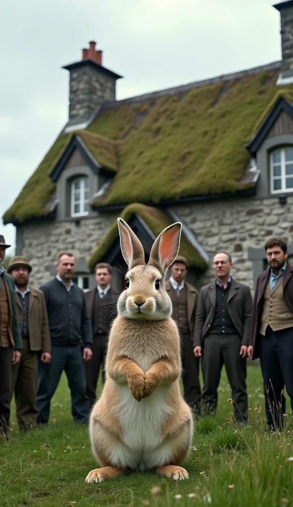 Quaint Rabbit In front of a quaint 19th-century Irish cottage, surrounded by lush ...