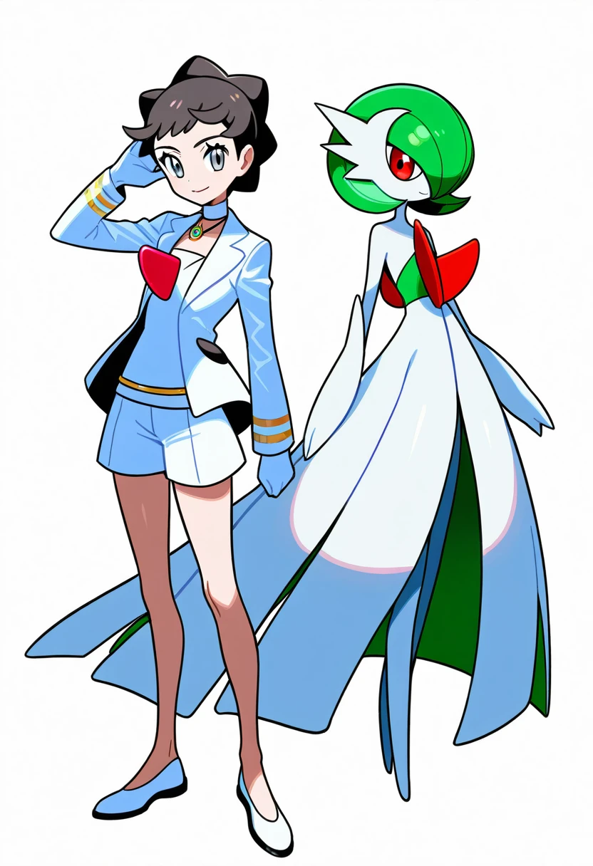 gardevoir, mega pokemon, sparkle, shiny pokemon, 2girls, multiple girls, short hair, green hair, colored skin, white skin, red eyes, flat chest, brown hair, bob cut, blue eyes, happy, black hair, grey eyes, bare shoulders, pendant, strapless shirt, shorts, gloves, long sleeves, elbow gloves, dress, strapless dress, jacket, short jumpsuit, short shorts, white dress, shoes, shirt, short dress, standing, arm at side, looking to the side, looking at viewer, outstretched arm, petals, strapless, official alternate costume, full body, white background, simple background, alternate color, diantha (pokemon), mega gardevoir, pokemon (creature), smile, hand up, white footwear, closed mouth, white gloves, white jacket, white shorts, jewelry, white shirt, sfw, masterpiece, best quality, very aesthetic, absurdres