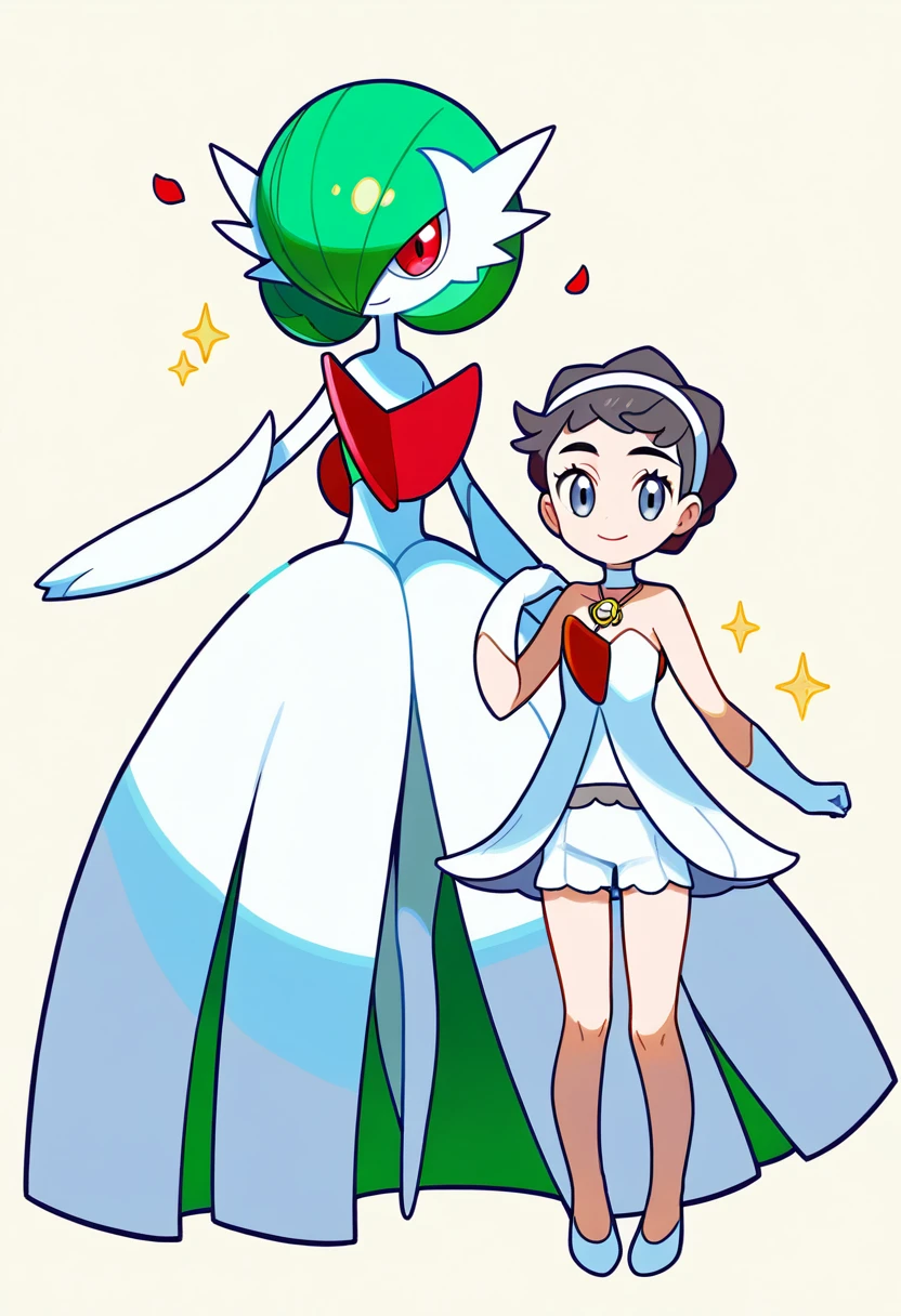 gardevoir, mega pokemon, sparkle, shiny pokemon, 2girls, multiple girls, short hair, green hair, colored skin, white skin, red eyes, flat chest, brown hair, bob cut, blue eyes, happy, black hair, grey eyes, bare shoulders, pendant, strapless shirt, shorts, gloves, long sleeves, elbow gloves, dress, strapless dress, jacket, short jumpsuit, short shorts, white dress, shoes, shirt, short dress, standing, arm at side, looking to the side, looking at viewer, outstretched arm, petals, strapless, official alternate costume, full body, white background, simple background, alternate color, diantha (pokemon), mega gardevoir, pokemon (creature), smile, hand up, white footwear, closed mouth, white gloves, white jacket, white shorts, jewelry, white shirt, sfw, masterpiece, best quality, very aesthetic, absurdres