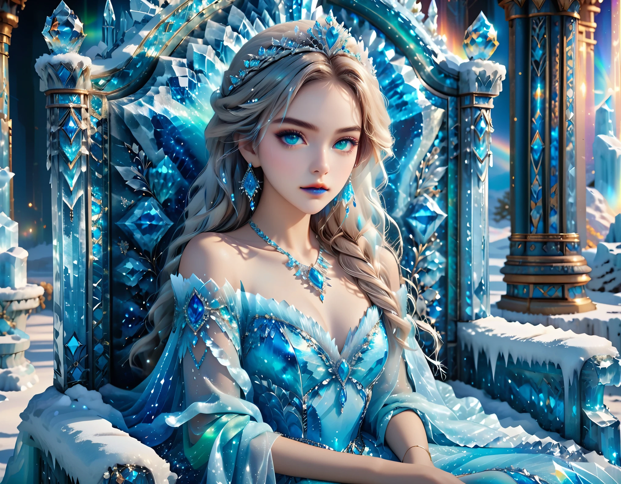 Arafed a picture of a frozen throne for an ice goddess, the goddess is sitting on her icy throne, under the (magical aurora: 1.3) in the night sky, aurora (masterpiece: 1.4) in many shades of blue, green and azure, wearing white and blue royal dress, glamorous dress, royal dress, dynamic hair, bold intense eyes, extremely exquisite beautiful queen, perfect body, (anatomically correct: 1.3), ultra feminine, ultra detailed face, dark blue  lips, azure glowing eyes, she sits on a (throne made from ice: 1.3) of regality, and might, throne carved from ice , legendary symmetric design, with (many carvings in the ice: 1.3), dynamic caevings on the handles decorated with (diamonds: 1.1), and (blue gems: 1.1), fantasy ice goddess hall room background,   intense details, highly detailed, photorealistic, best quality, highres,16k, (ultra detailed:1.3(, masterpiece, best quality, (extremely detailed), close up, ultra wide shot, photorealistic, RAW, fantasy art, dnd art, fantasy art, realistic art,((best quality)), ((masterpiece)), (detailed: 1.5), ral-ntrgmstn, faize, PASTELGOTH