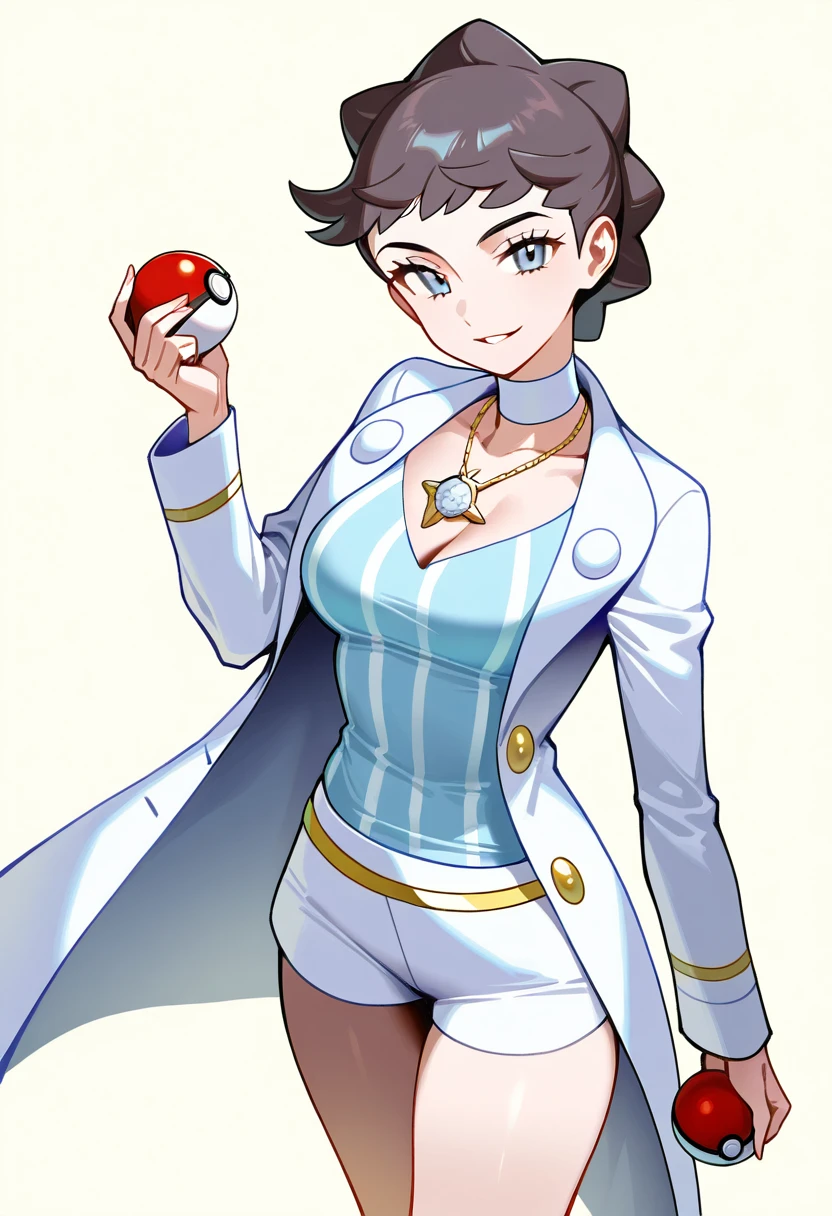 1girl, diantha (pokemon), collarbone, breasts, eyelashes, short hair, cleavage, blue eyes, brown hair, parted lips, grey eyes, shorts, necklace, long sleeves, shirt, choker, buttons, single sleeve, striped shirt, looking at viewer, poke ball, coat, solo, holding, open coat, open clothes, white background, simple background, holding poke ball, jewelry, smile, white choker, white coat, poke ball (basic), white shirt, single bare shoulder, striped clothes, telnyashka, two-tone shirt, vertical-striped clothes, vertical-striped shirt, sfw, masterpiece, best quality, very aesthetic, absurdres