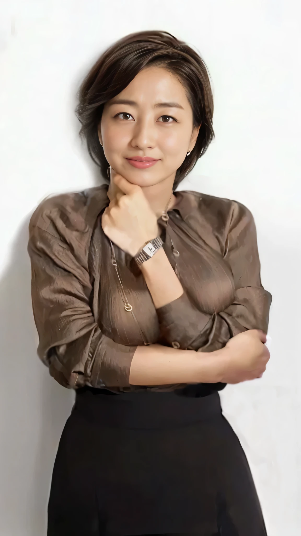1 Japanese woman,Age 30, Polyester Blouse ,Protruding Chest Shape ,Silver Watches, depth of field, Pretty woman, rocket milk,masterpiece, Model-Like Style ,, Voluptuous body, sexy pose, ((8k, RAW Photos, best quality, masterpiece), High Definition RAW Color Photography Professional Photo, (Realistic, photorealism:1. 37), ( best quality), ( vest shadow ),, ultra high resolution , Highly detailed CG unified 8k wallpapers, physically-based renderingt, Movie Lighting),