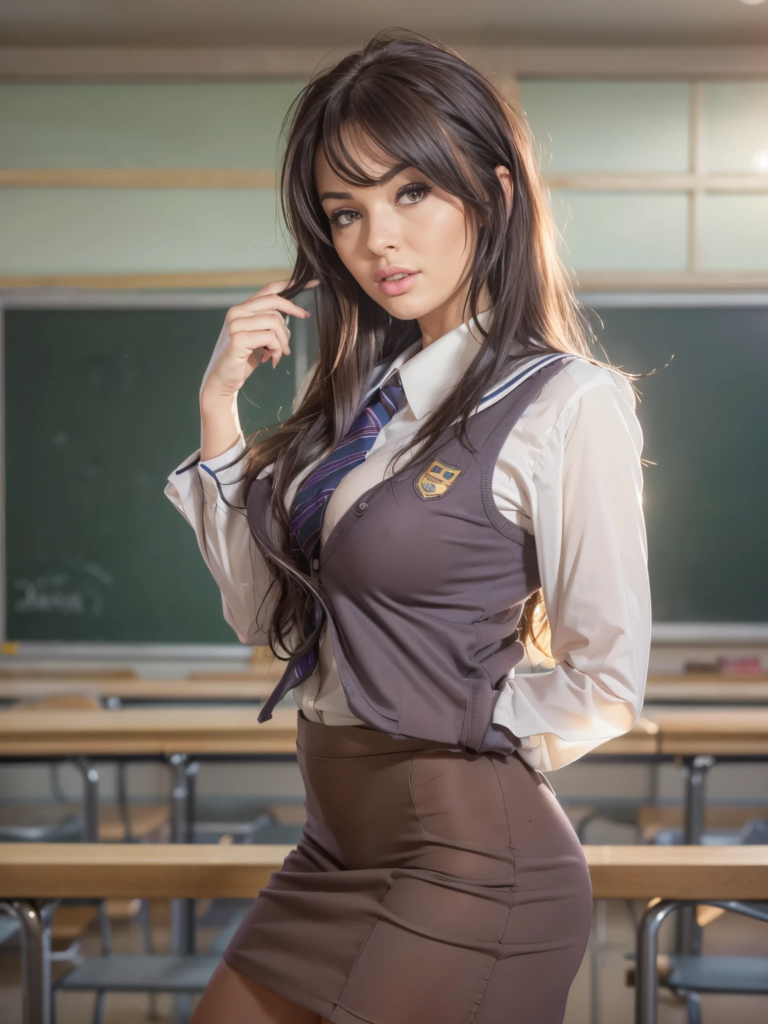 25-year-old woman, milf, ((in the classroom)), ((school uniform)), RAW photo, (photorealistic: 1.37, realistic), highly detailed unified CG 8K wallpapers, 1girl, (((perfect body: 1.1)), (medium breasts: 1.2), looking at the viewer, (((straight from the front)))), (HQ skin:1.2, shiny skin), 8k uhd, dslr, soft lighting, high quality, film grain, Fujifilm XT3, ((full body:  0.8)), (professional lighting:1.4) , charley.atwell