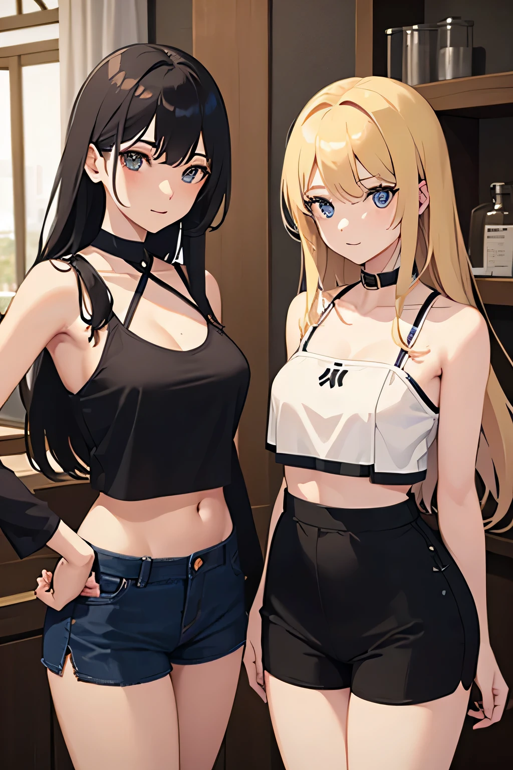 Two Women。,One of the women has long blonde hair.、18-year-old、Headband、Pale brown skin、Large Breasts、Small waist、Big Ass、height 140 cm。,The other woman has short, black hair.、18-year-old、slender、Small breasts、Small waist、Big Ass、Height: 170 cm。