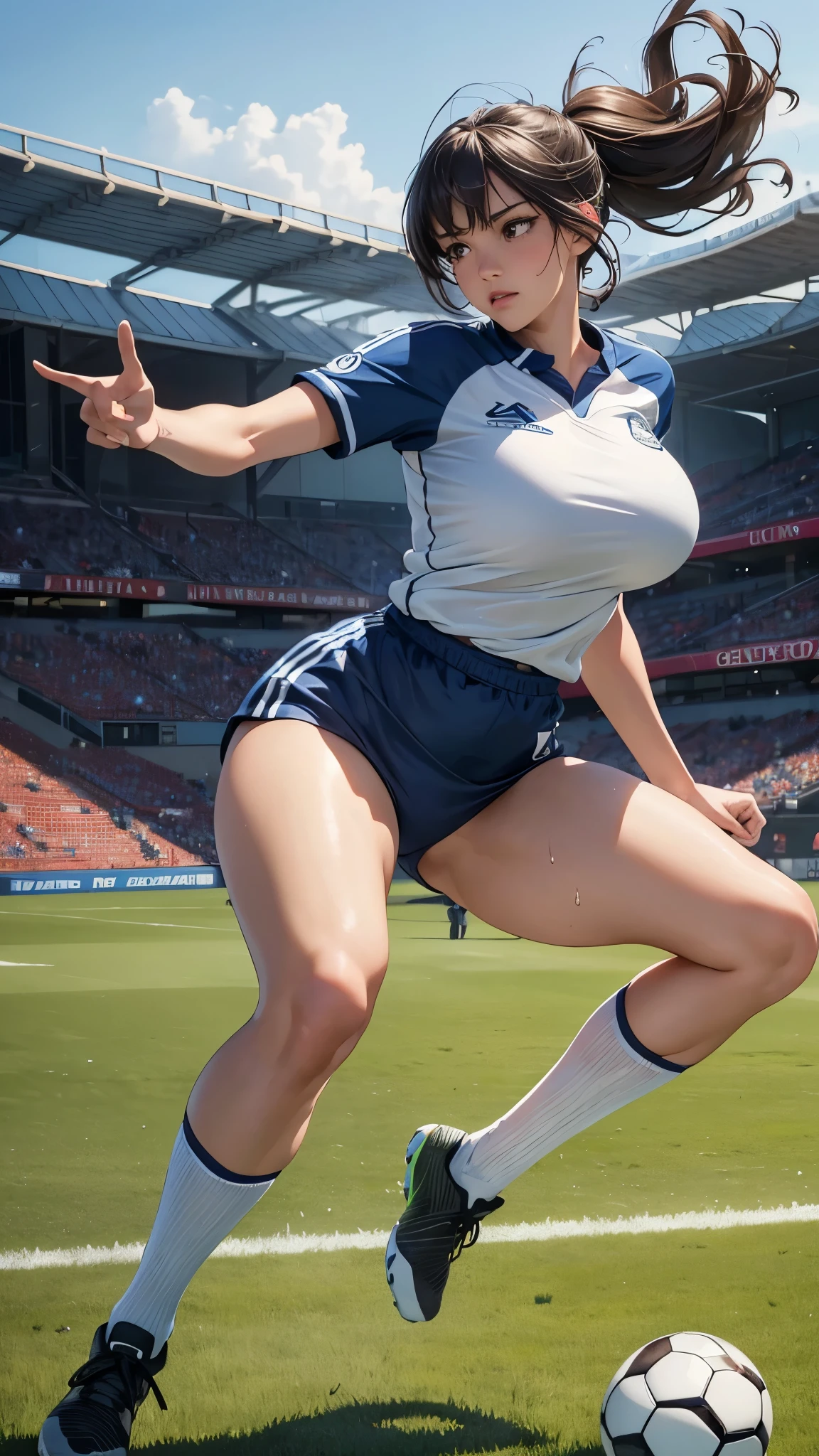 masterpiece:1.2, best quality), realistic, (real picture, intricate details, depth of field), (1girl, solo), make up, parted lips, highly-detailed, perfect face,
(huge breasts:1.4), (skindentation), thick thighs, wide hips, small waist, tall, glossy coral lips,
red hairs, red eyes, short hair,
(A girl playing football, blue football uniform), (sweating:1.2), (wet), sexy, blushing,