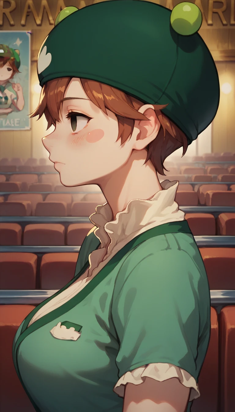  poster in a theater,  upper body, blush, profile ,(masterpiece, 1girl, solo, ,large breast ,Ribitta, green headwear, empty eyes, blush stickers, 