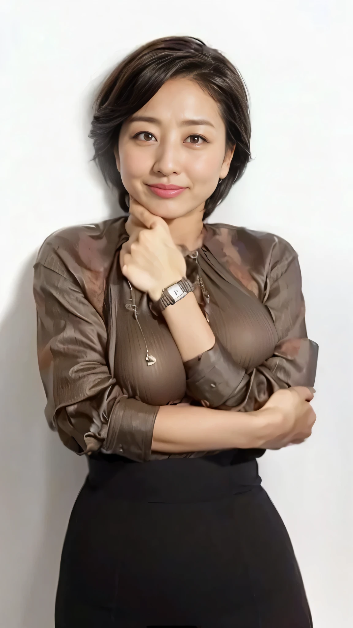  1 Japanese woman,Age 30, Polyester Blouse ,Protruding Chest Shape ,Silver Watches, depth of field, Pretty woman, rocket milk,masterpiece,  Model-Like Style ,, Voluptuous body, sexy pose, ((8k,  RAW Photos,  best quality, masterpiece),  High Definition RAW Color Photography Professional Photo,  (Realistic,  photorealism:1. 37), ( best quality), ( vest shadow ),,    ultra high resolution , Highly detailed CG unified 8k wallpapers, physically-based renderingt,  Movie Lighting),