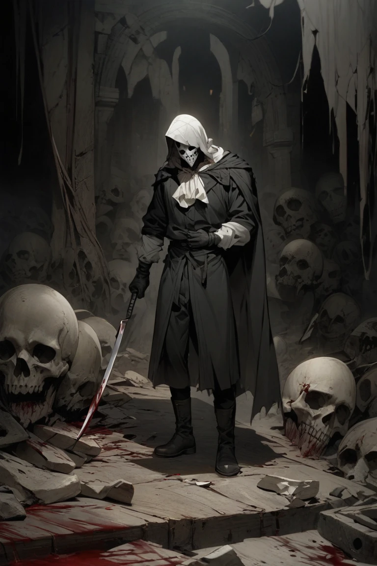 male warlock dnd, undead body, wearing a bloodstained white hood cloak with a blood