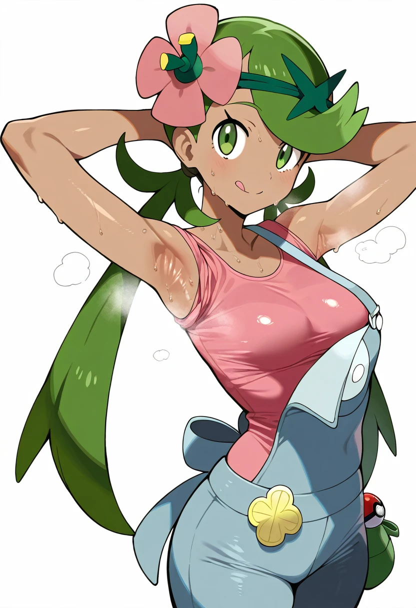 1girl, green eyes, green hair, twintails, armpits, long hair, dark-skinned female, dark skin, hair flower, swept bangs, breasts, medium breasts, split mouth, tongue, overalls, hair ornament, shirt, headband, looking at viewer, arms up, arms behind head, standing, flower, wet, wet clothes, wet shirt, solo, rope, pokemon, simple background, white background, cowboy shot, mallow (pokemon), pink shirt, closed mouth, pink flower, poke ball print, pouch, smile, steaming body, sweat, sweaty clothes, sweaty armpits, tongue out, very sweaty, wiping face, sfw, masterpiece, best quality, very aesthetic, absurdres