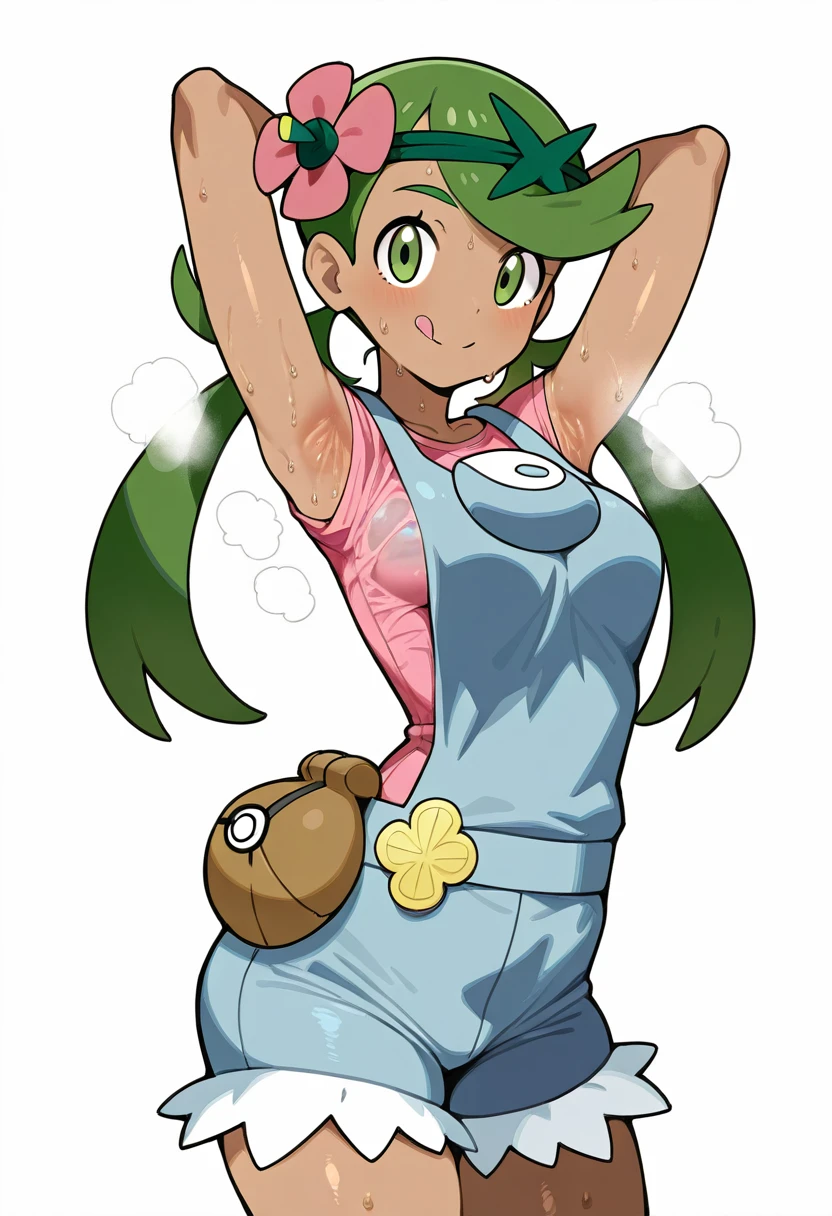 1girl, green eyes, green hair, twintails, armpits, long hair, dark-skinned female, dark skin, hair flower, swept bangs, breasts, medium breasts, split mouth, tongue, overalls, hair ornament, shirt, headband, looking at viewer, arms up, arms behind head, standing, flower, wet, wet clothes, wet shirt, solo, rope, pokemon, simple background, white background, cowboy shot, mallow (pokemon), pink shirt, closed mouth, pink flower, poke ball print, pouch, smile, steaming body, sweat, sweaty clothes, sweaty armpits, tongue out, very sweaty, wiping face, sfw, masterpiece, best quality, very aesthetic, absurdres