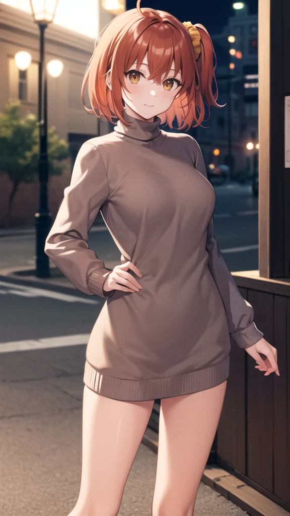 masterpiece, best quality, highres, aaritsuka, short hair, ahoge, hair scrunchie, orange scrunchie, medium breasts, sweater dress, long sleeves, turtleneck, outdoors, street, standing, cowboy shot, night, looking at viewer,