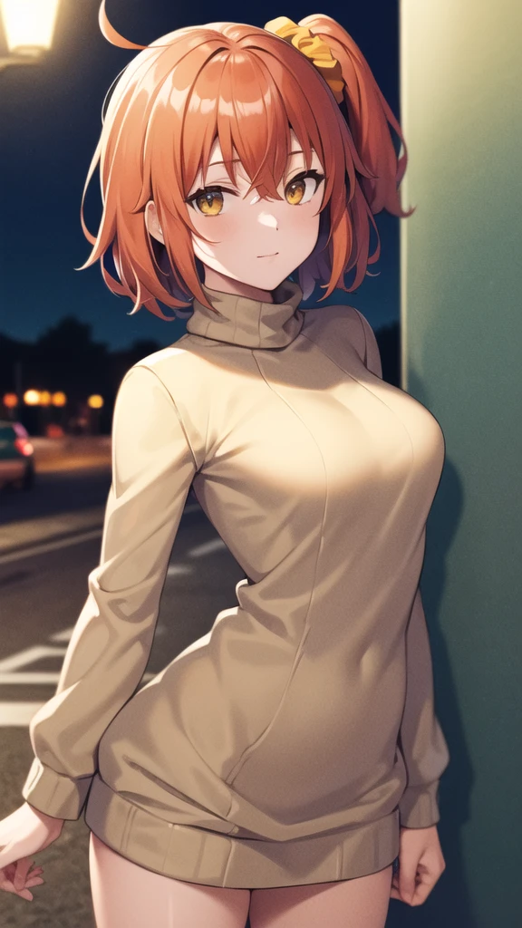 masterpiece, best quality, highres, aaritsuka, short hair, ahoge, hair scrunchie, orange scrunchie, medium breasts, sweater dress, long sleeves, turtleneck, outdoors, street, standing, cowboy shot, night, looking at viewer,