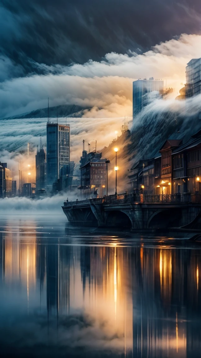 masterpiece, best quality, water, city, reflection of city, (fog:1.3)