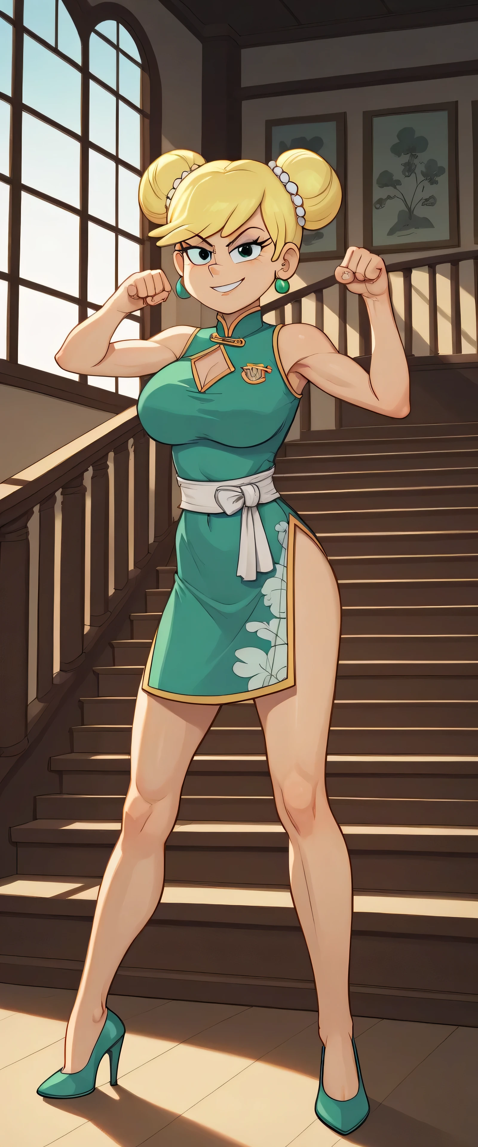 leni loud, 1girl, solo, 24yo girl, large breasts, green cheongsam,  inside of a chinese temple, looking at viewer, blonde hair, two hair buns , hands  score_9, score_8_up, score_7_up, high heels, teep fighting stance,martial arts, stairs behind her, guarding the stairs, chest window