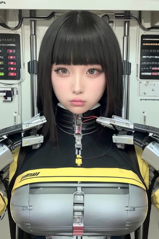 masterpiece, best quality, extremely detailed,portrait,upper body,front view,Japaese android girl,Plump, control panels,android,Droid,Mechanical Hand, Robot arms and legs,Blunt bangs,long tube,thick cable connected her neck,