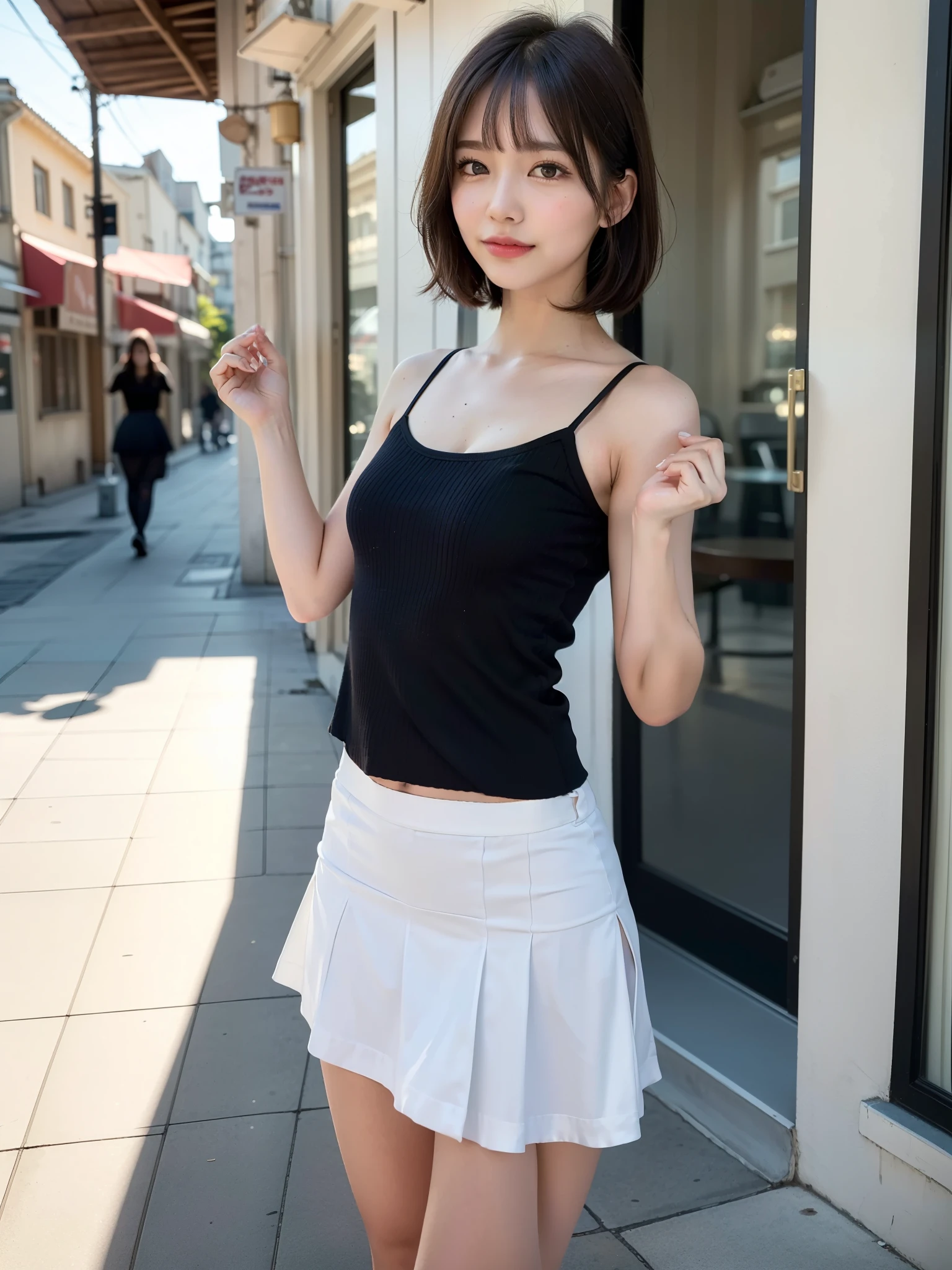 (Highest quality, masterpiece, Ultra-high resolution, 8K, RAW Photos, Realistic, Anatomically correct:1.5), (Stainless steel round bar fence:1.0, Put your elbow on the fence:1.2, high school girl、20-year-old girl:1.2, Embarrassing, avert your eyes, blush:1.0, View Viewer, ((bar)) 、Night view、 Light:1.2, Bokeh, Cinema Lighting:1.0, Depth of written boundary, sharp、 Cute face、Idol、Black short sleeve lace top、Black pleated skirt、Black clothing、”dwarf”、(Floral clothes)、Full Body Shot、Cowboy Shot、 smile、(Ultra short hair、Short ponytail)、(Straight bangs)、((See-through))、(( One Girl))