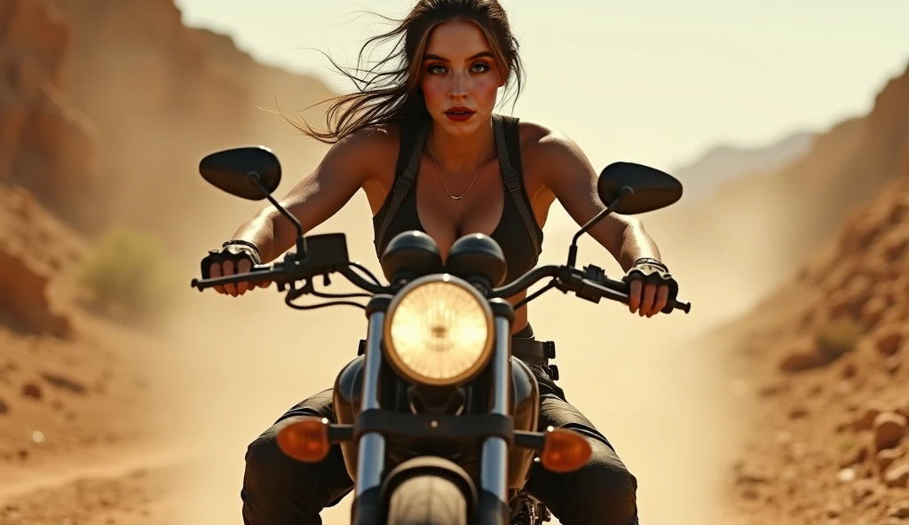 (Setting Holocaust Badlands (road warrior theme)) A bandit woman (Sofia Vergara, 25, scrap metal armor, sexy torn fishnet body stocking, tattoos) is riding a wasteland tank motorcycle (the front wheel is broad made of steel and has several spikes, big engine, smoke and fire exhaust, bone trim over metal frame, spikes, the rear wheel is an enormous tank tread, A cannon turret rises behind the driver, the handle bars have metal shielding to protect the driver from enemy bullets, many spotlights adorn the bike), Sofia is driving and pointing the cannon at the viewer (the vehicle she is chasing), cinematic quality, HD, action, adventure