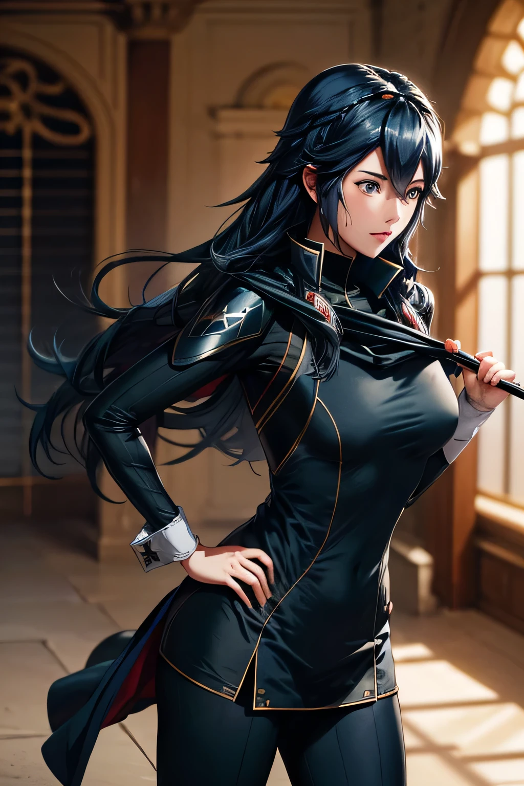  perfect anatomy　 best quality, highest resolution,(((Shiny clothes　 dark blue hair　sweat)))　Lucina　 Fire Emblem Awakening　saber　Swordsman　Castle