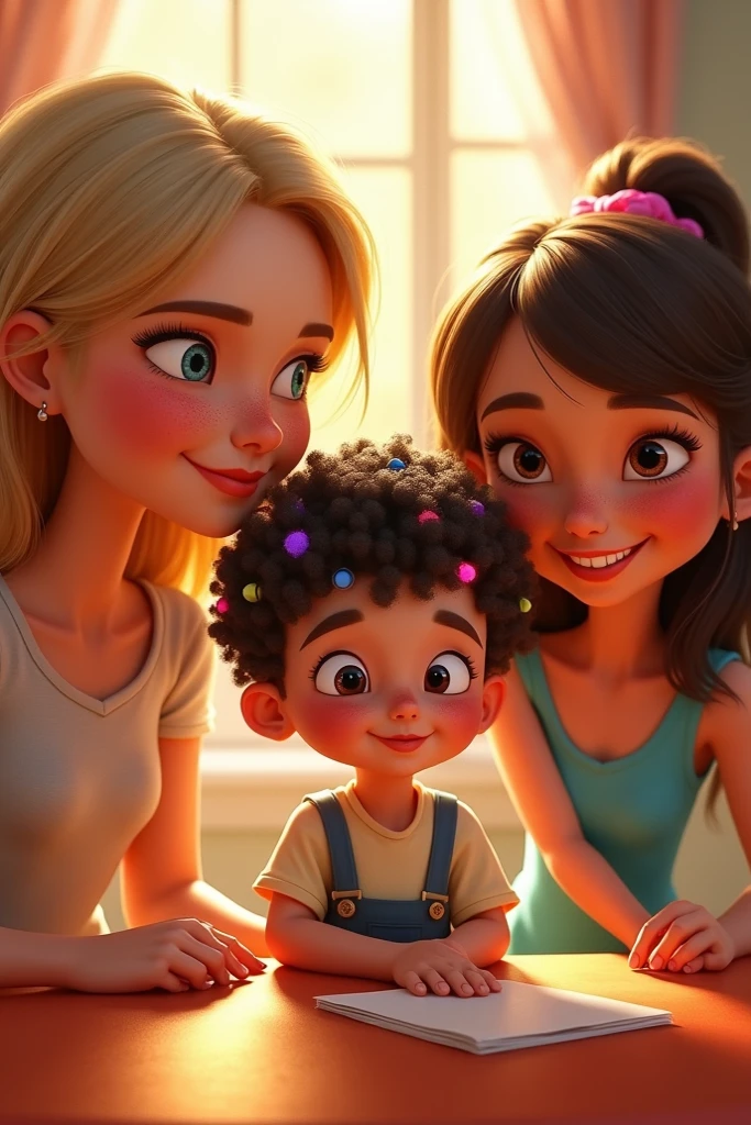Curly haired mother and 1  son and  daughter
