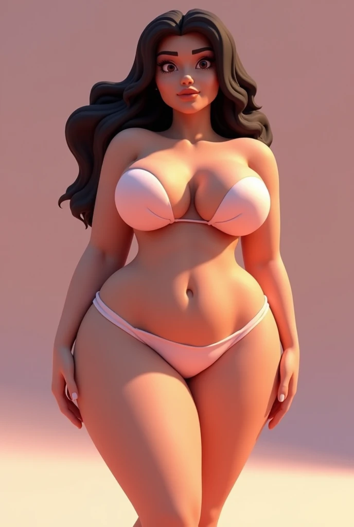 Pixar style image of a white Brazilian woman, medium dark hair, Lipedema, flegs, thick thighs and ankles, wide hip, but it has no belly. Wear panties and bra.She stands in front of a mirror and looks at her own body.. 
