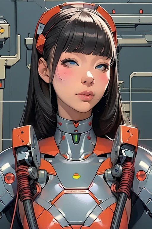 masterpiece, best quality, extremely detailed,portrait,upper body,front view,Japaese android girl,Plump, control panels,android,Droid,Mechanical Hand, Robot arms and legs,Blunt bangs,long tube,thick cable connected her neck,rolling eyes