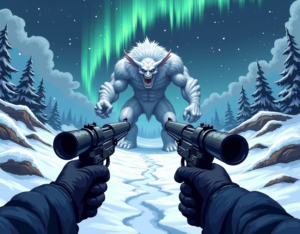 view from the eyes(FPV),( we see our hands clutching a double-barreled gun ) ,we aim with a gun at the snow demon in front of us ( terrible snow and ice demon ), ice of snow ,North, Scandinavia ,winter, (( aurora in the sky )),  stylized as the screen graphics of a 16-bit game console, high quality,(невероятно красивое  aurora in the sky ), at the top left, the health bar is like in game consoles ,((styling the image to match the graphics of the 16-bit console)))