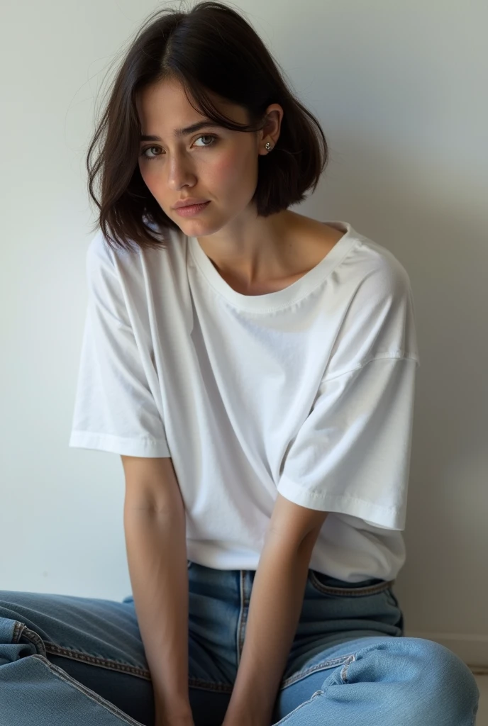 A soft-focus studio photograph of a young woman, American girl,wearing a plain white t-shirt, oversized t-shirt,pant,clean and shiny t-shirt,calm body gesture, highlighted short dry hairs, (full body detailed),standing against a light grey background. Soft natural lighting, soft light on hairs,perfect muted shadows, high-definition quality