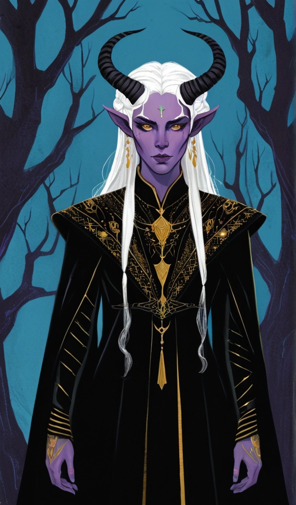 there is a drawing of a woman, tiefling woman, demonic horns, purple skin, half body portrait, standing in a black background with blue trees: 1.5, long straight white hair:1.5, yellow eyes:1.5, vibrant medieval dress, hyper detailed hands, a digital painting inspired by Will Barnet, by Magalli Villaneneu, tumblr, Digital Art, solo portrait 🎨🖌️,  digital similar to Kemono, digital drawing, Digital Art