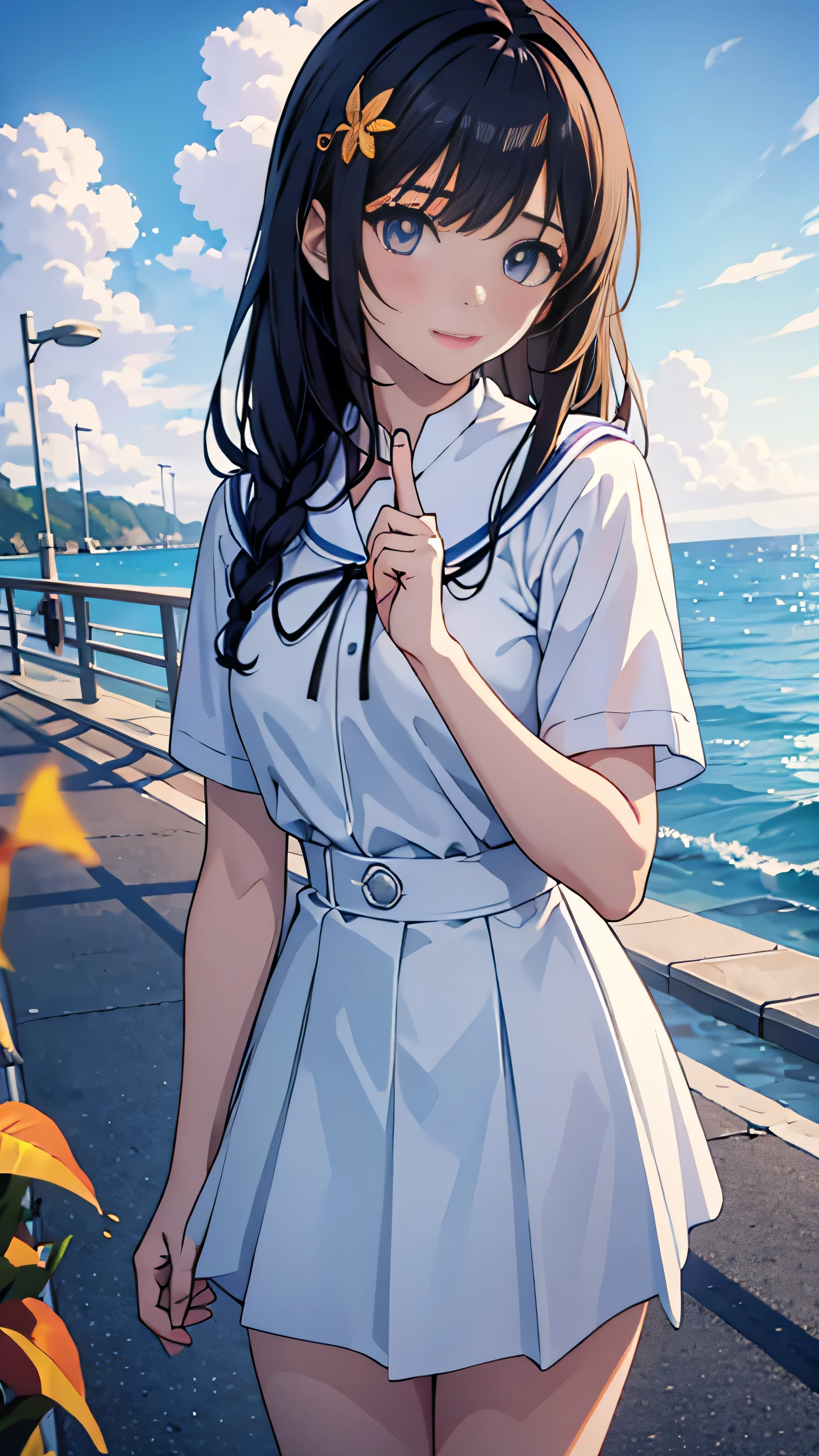 masterpiece,(( line claire )),   Limited Palette , best quality,  Flat Color ,  (( 1 girl)),((( very delicate and beautiful girl ))),( beautiful detailed face),( beautiful detailed eyes),{Long Hair}, hair ornament,((Mid-chest)),  long black hair  ,  hair bow , school uniform ,  standing,(( putting their fingers in their lips:1.6)),  year-old student , BEAUTIFULLY DETAILED SKY ,Bright sky, cloudy sky,sunlight, ( detail light ),illumination, colorful , ocean, beach ,  bridge ,The road to school,Skyscraper, autumn, Haze