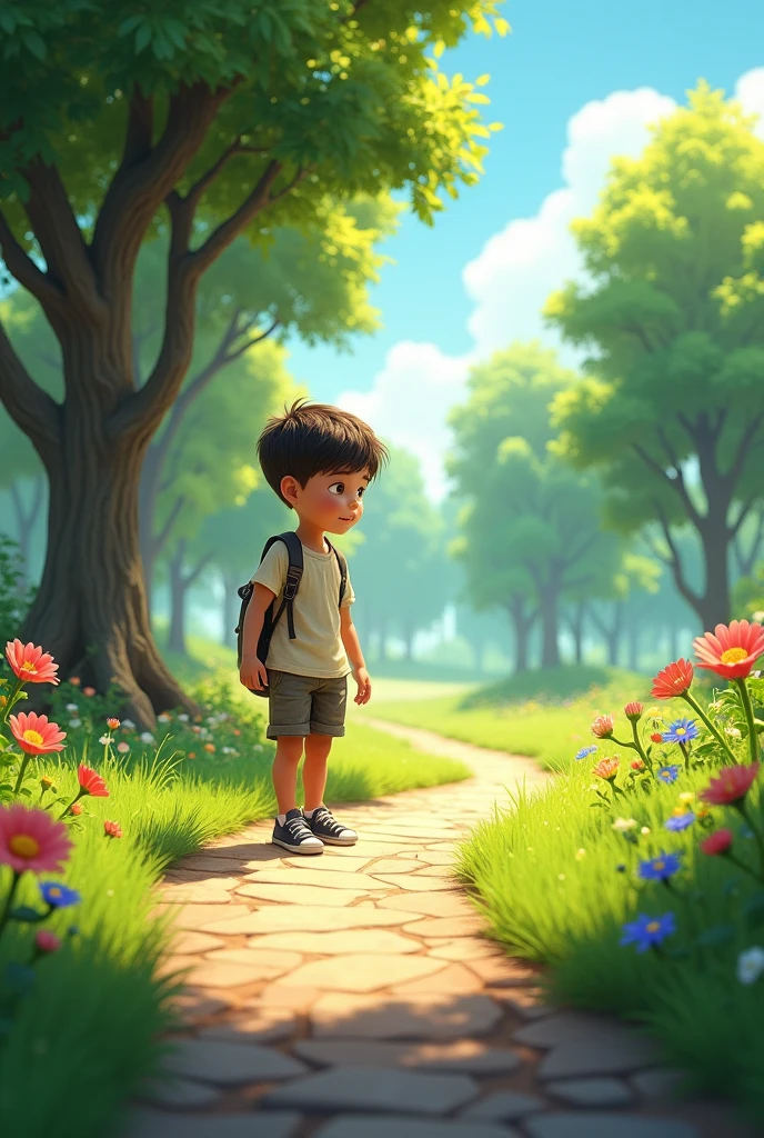 A schoolboy walking along a path. He sees a rock along his path blocking the way