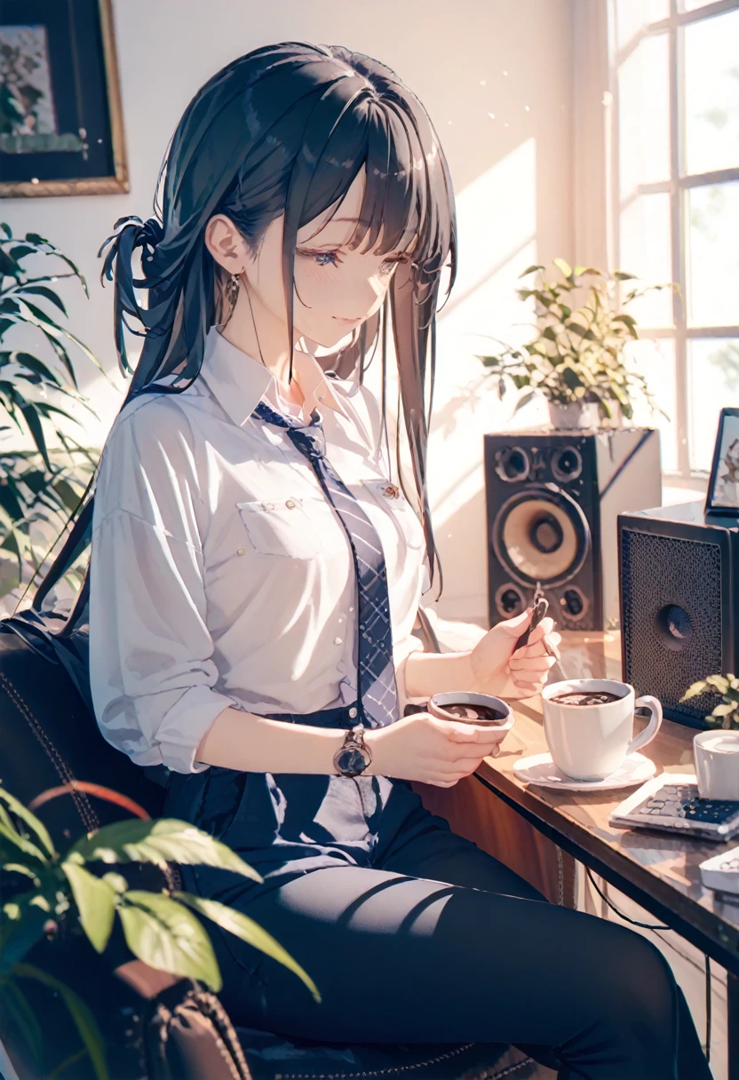 girl,  Black hair , older sister, , tie your hair in a ponytail and laugh at the speaker,  high quality picture, masterpiece,  Beautiful girl , coffee,