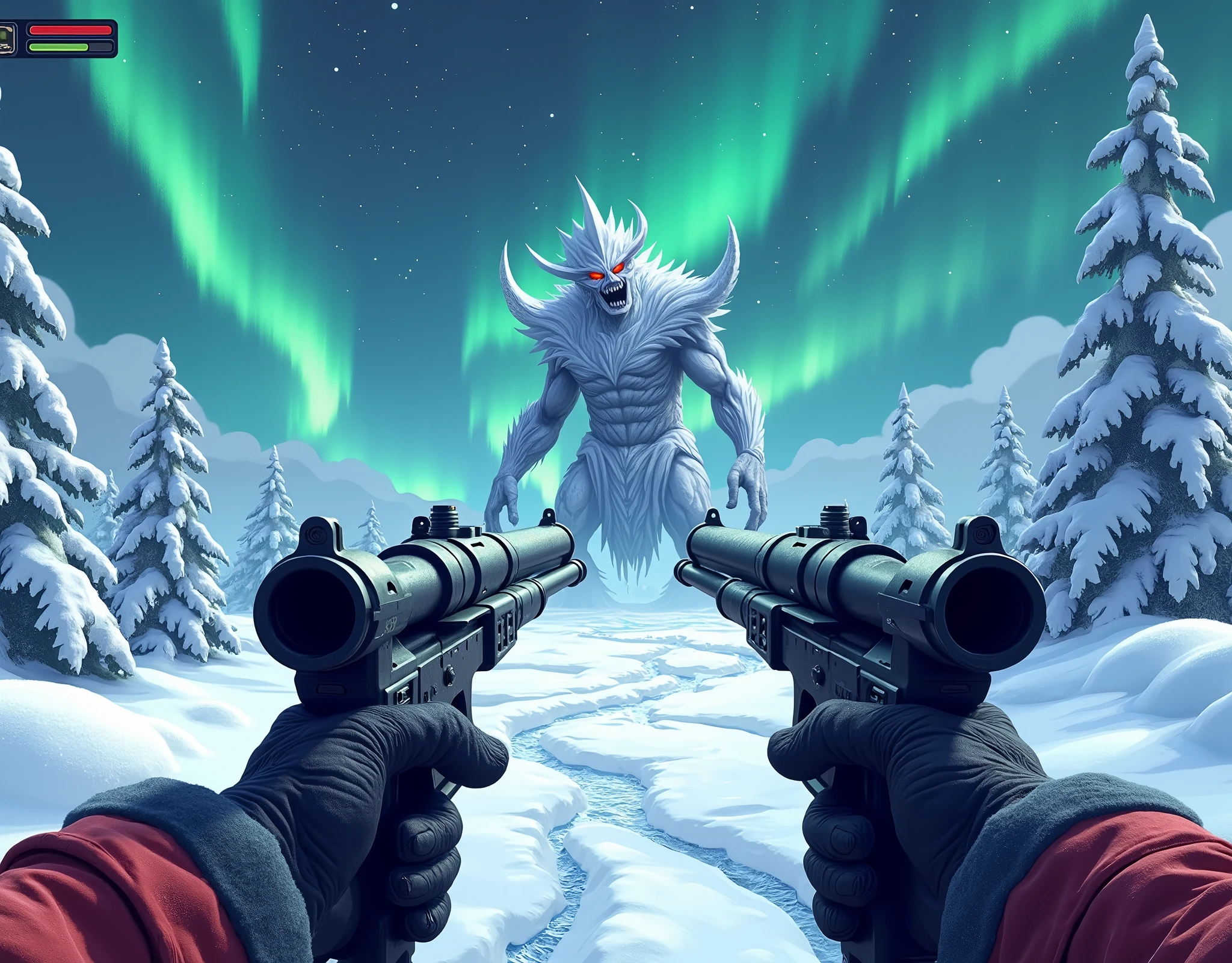 view from the eyes(FPV),( we see our hands clutching a double-barreled gun ) ,we aim with a gun at the snow demon in front of us ( terrible snow and ice demon ), ice of snow ,North, Scandinavia ,winter, (( aurora in the sky )),  stylized as the screen graphics of a 16-bit game console, high quality,(невероятно красивое  aurora in the sky ), at the top left, the health bar is like in game consoles ,((styling the image to match the graphics of the 16-bit console)))