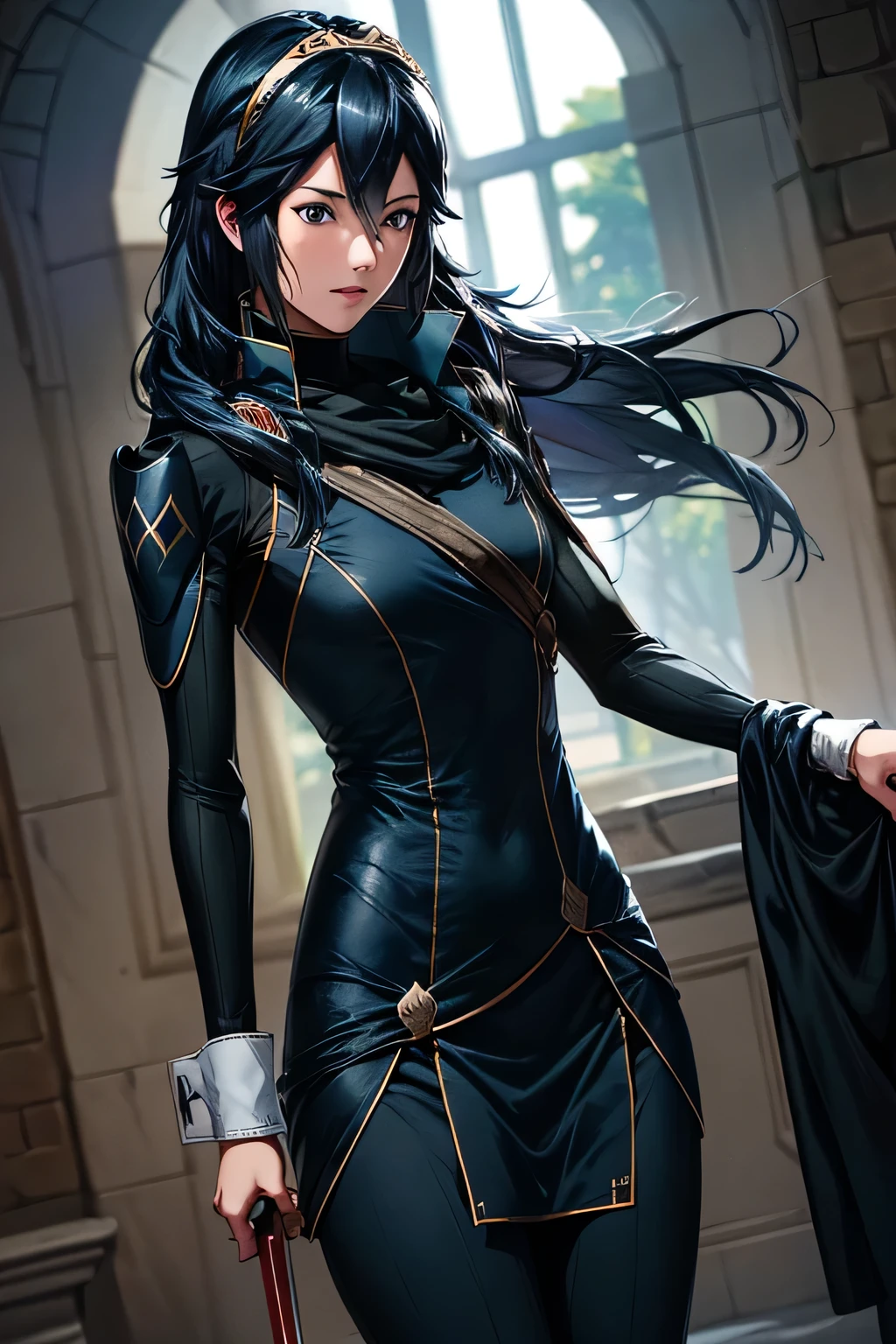 perfect anatomy best quality, highest resolution,(((Shiny clothes dark blue hair sweat flat chest))) Lucina Fire Emblem Awakening saber Swordsman Western Castle