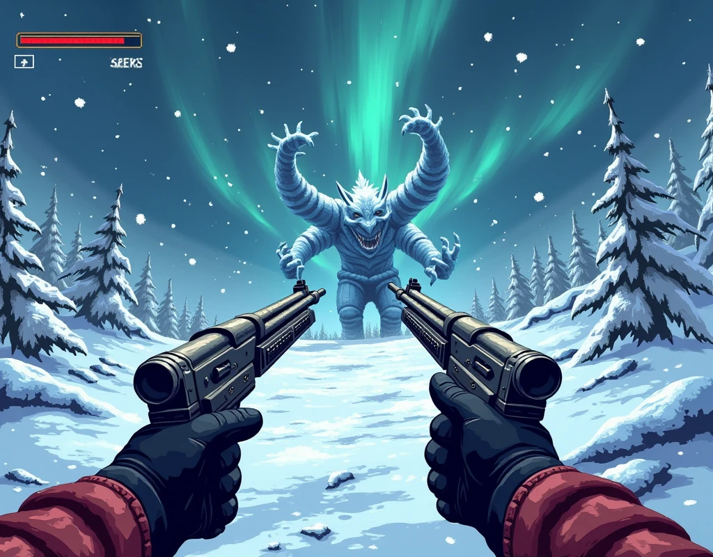 view from the eyes(FPV),( we see our hands clutching a double-barreled gun ) ,we aim with a gun at the snow demon in front of us ( terrible snow and ice demon ), ice of snow ,North, Scandinavia ,winter, (( aurora in the sky )),  stylized as the screen graphics of a 16-bit game console, high quality,(невероятно красивое  aurora in the sky ), at the top left, the health bar is like in game consoles ,((styling the image to match the graphics of the 16-bit console)))