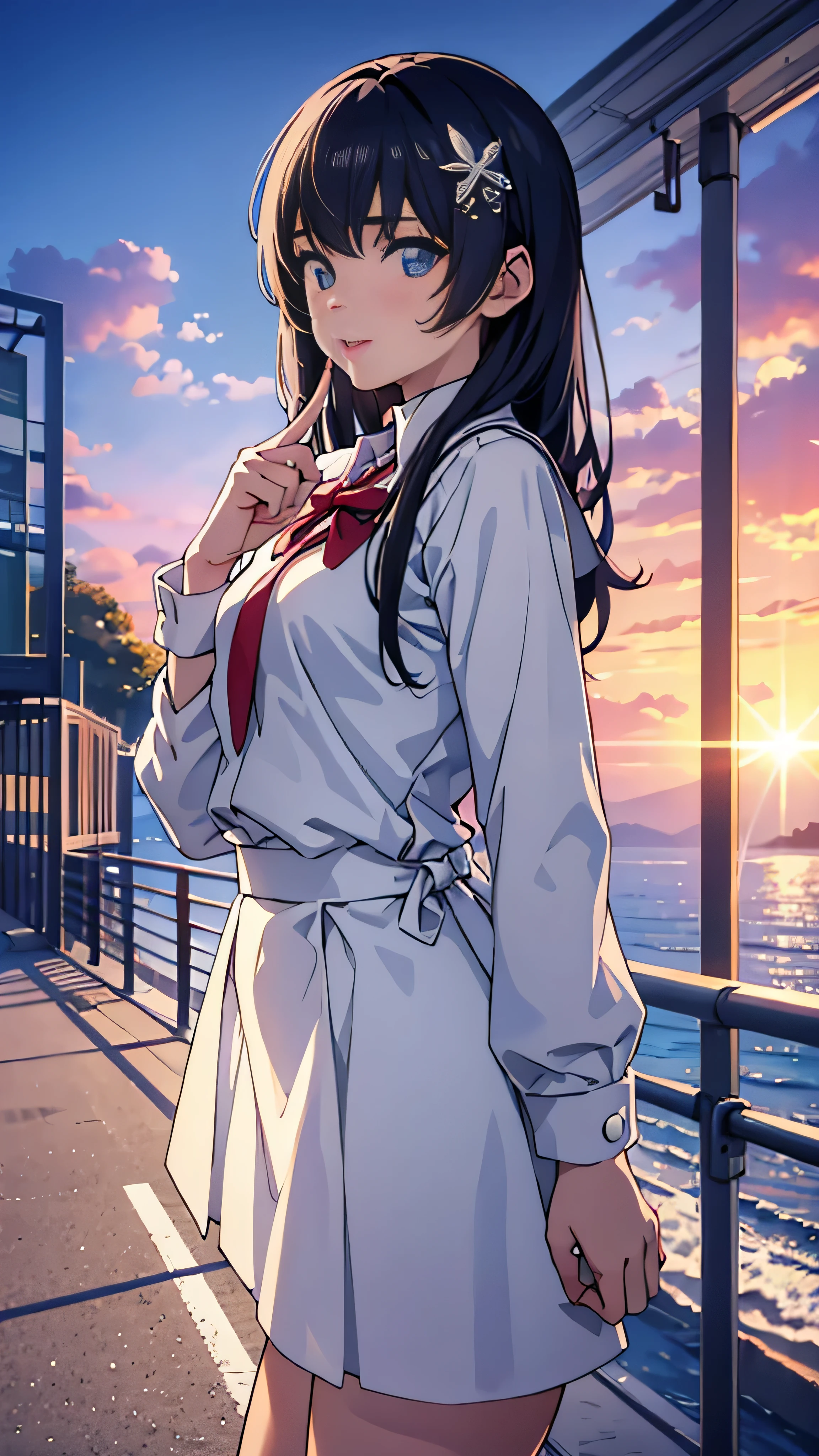 masterpiece,(( line claire )),   Limited Palette , best quality,  Flat Color ,  face details (( 1 girl)),((( very delicate and beautiful girl ))),( beautiful detailed face),( beautiful detailed eyes),{Long Hair}, hair ornament,((Mid-chest)),  long black hair  ,  hair bow , school uniform ,  standing,(( putting their fingers in their lips:1.6)),  year-old student , BEAUTIFULLY DETAILED SKY ,Bright sky, cloudy sky,sunlight, ( detail light ),illumination, colorful , ocean, beach ,  bridge ,The road to school,Skyscraper, autumn, Haze