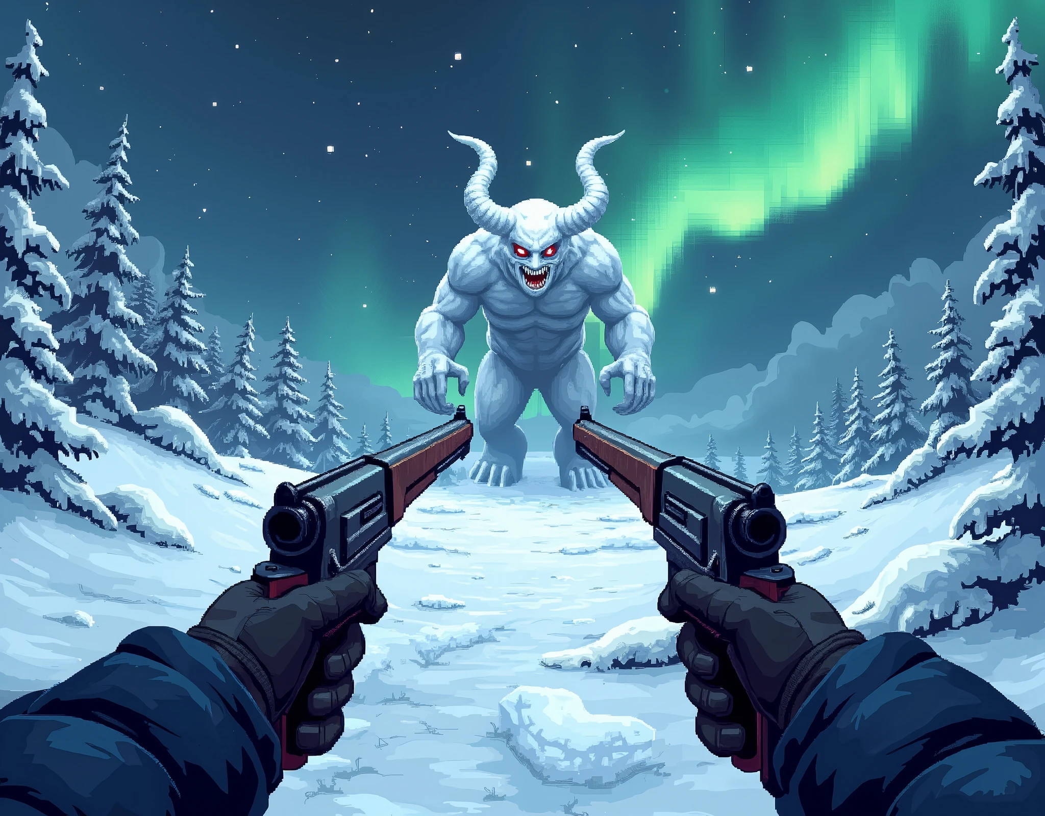 view from the eyes(FPV),( we see our hands clutching a double-barreled gun ) ,we aim with a gun at the snow demon in front of us ( terrible snow and ice demon ), ice of snow ,North, Scandinavia ,winter, (( aurora in the sky )),  stylized as the screen graphics of a 16-bit game console, high quality,(невероятно красивое  aurora in the sky ), at the top left, the health bar is like in game consoles ,((styling the image to match the graphics of the 16-bit console)))