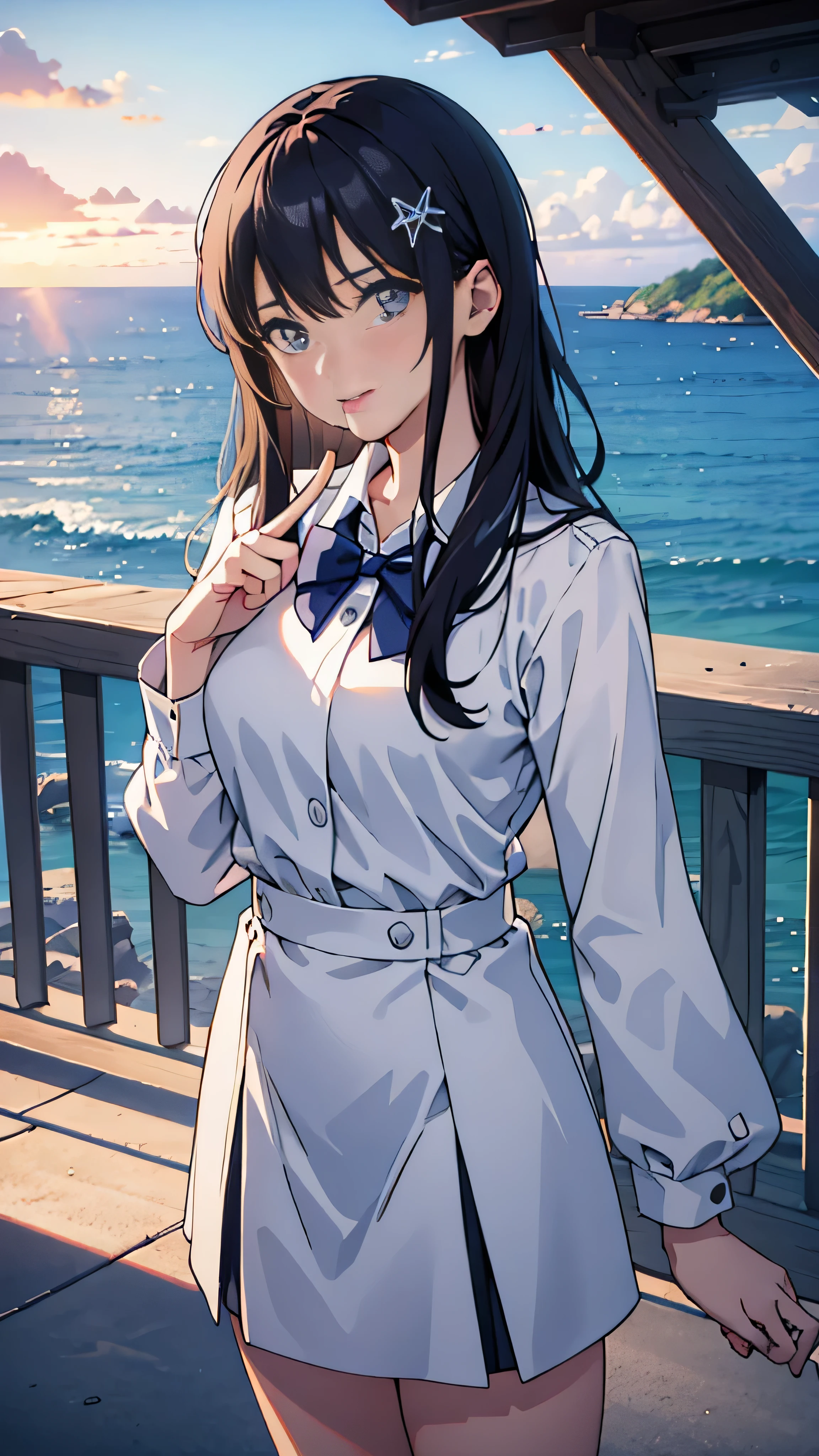 masterpiece,(( line claire )),   Limited Palette , best quality,  Flat Color ,  face details (( 1 girl)),((( very delicate and beautiful girl ))),( beautiful detailed face),( beautiful detailed eyes),{Long Hair}, hair ornament,((Mid-chest)),  long black hair  ,  hair bow , school uniform ,  standing,(( putting their fingers in their lips:1.6)),  year-old student , BEAUTIFULLY DETAILED SKY ,Bright sky, cloudy sky,sunlight, ( detail light ),illumination, colorful , ocean, beach ,  bridge ,The road to school,Skyscraper, autumn, Haze