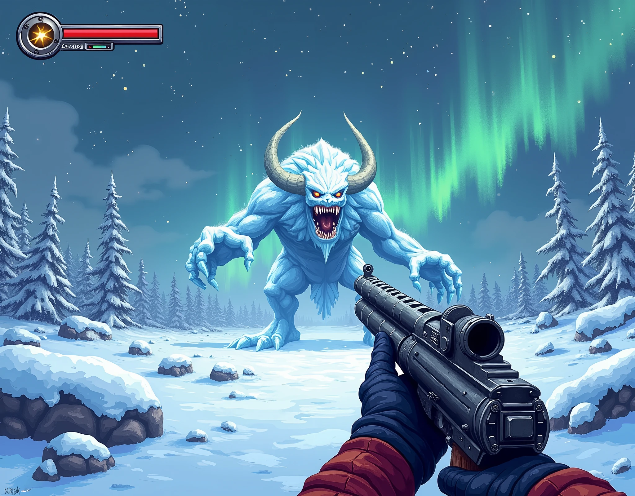 view from the eyes(FPV),( we see our hands clutching a double-barreled gun ) ,we aim with a gun at the snow demon in front of us ( terrible snow and ice demon ), ice of snow ,North, Scandinavia ,winter, (( aurora in the sky )),  stylized as the screen graphics of a 16-bit game console, high quality,(невероятно красивое  aurora in the sky ), at the top left, the health bar is like in game consoles ,((styling the image to match the graphics of the 16-bit console)))